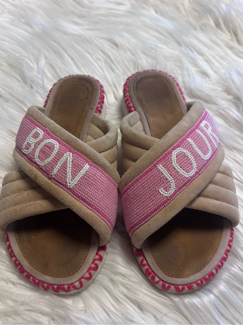 Rue de la lune Anthropologie Pink Beaded 'BON JOUR' Crisscross Slide Sandals